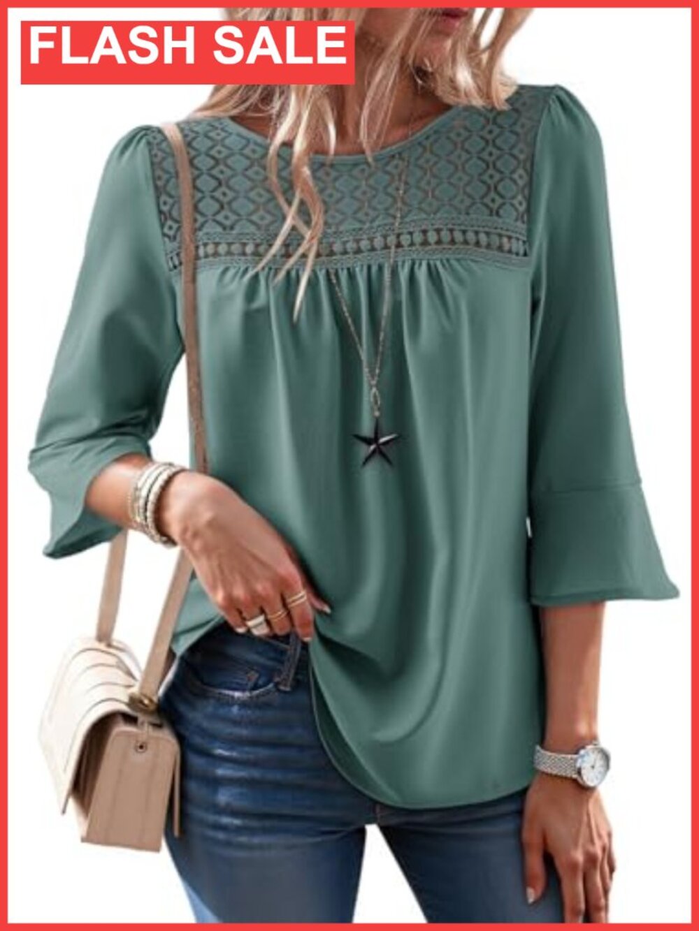 Dokotoo 3/4 Sleeve Crewneck Ruffle Chiffon Lace Boho Blouse Top